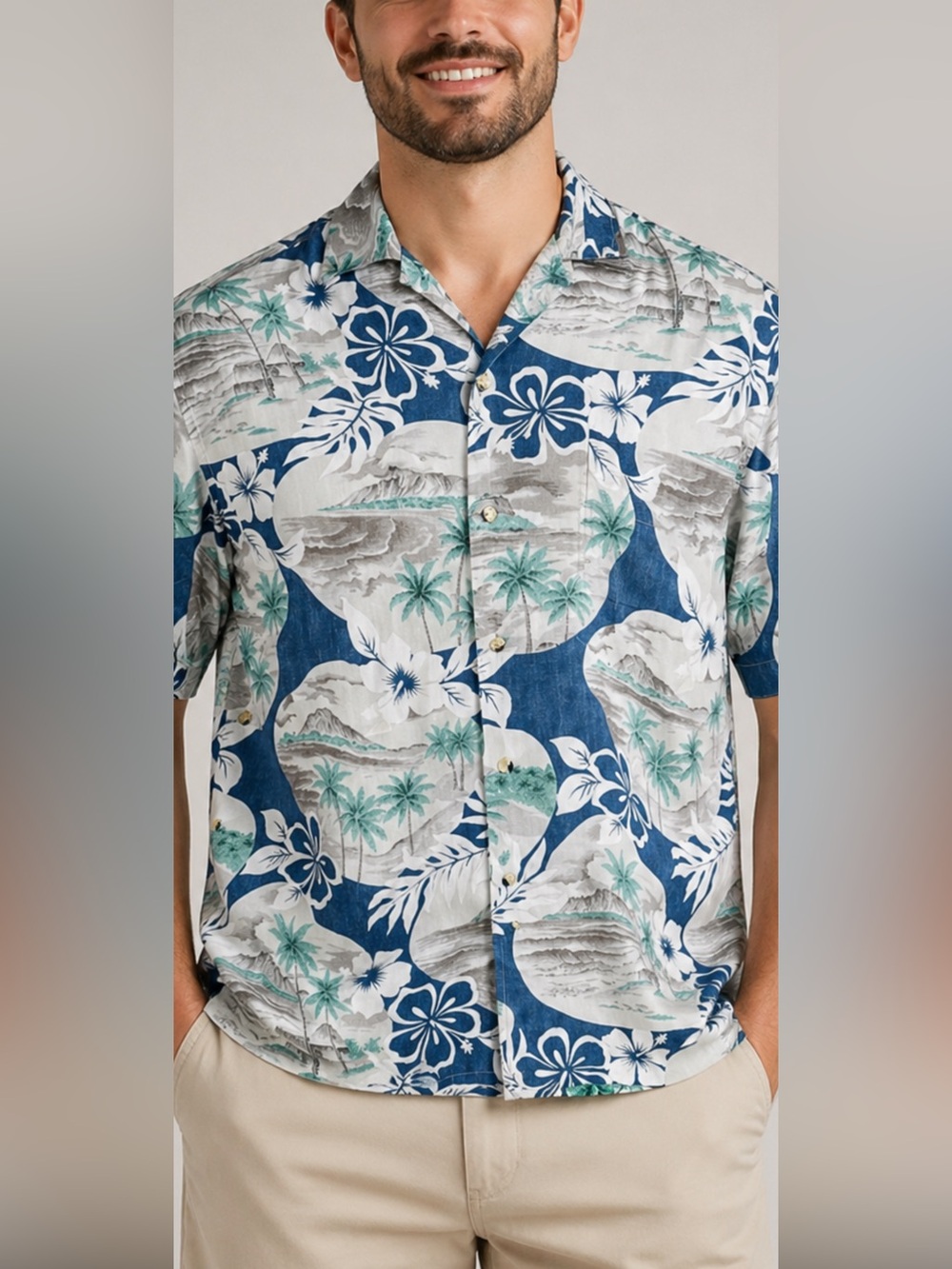 Go Barefoot Hawaiian Shirt XL 100% Cotton Scenic Floral Short Sleeve USA